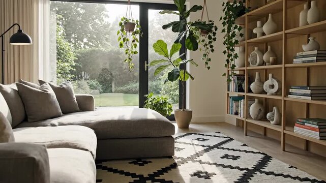 Bright Cozy Living Room With Garden View.