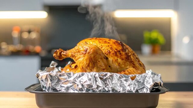 Golden roasted poultry in a pan, steaming gently, in a kitchen setting