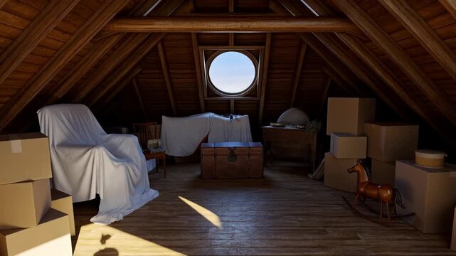 Sunlight streams through attic window illuminating dusty boxes and covered furniture