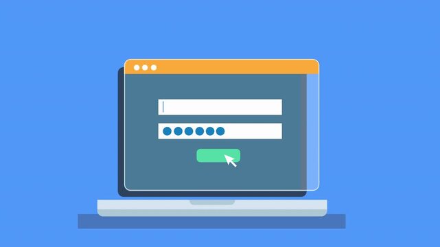 Flat animation of login form interaction with click action followed by looping progress bar on laptop screen, representing authentication, loading process, and secure system access.