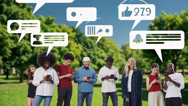 Students and young professionals standing in a park, engaging with smartphones while receiving social media notifications, symbolizing online communication and internet addiction