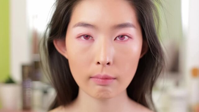 Woman applying makeup transformation in front of mirror with blurred background