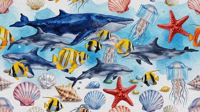 Underwater Ocean Life Watercolor Pattern: Whales, Dolphins, Fish, Shells, Jellyfish