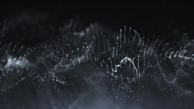 Abstract white particles forming flowing waves with fog and glowing dots on a dark background, creating a futuristic digital data landscape. Seamless loop 4k video.
