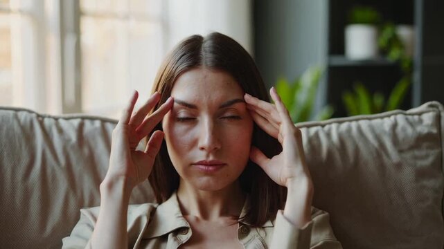 Young woman sitting on sofa, experiencing intense headache while gently pressing temples with fingers, eyes closed, manifesting physical and emotional discomfort from pain