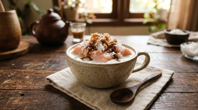 Homemade Indonesian getuk lumer dessert in coconut milk with toppings on wooden table