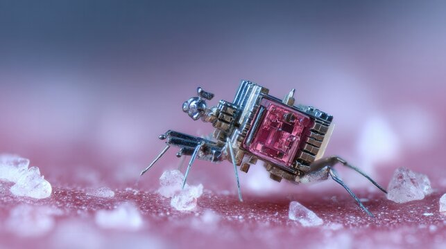 Microscopic medical robot crawling on salt crystal, gleaming metallic chassis, exposed circuit modules, tiny sensor arrays, soft pink bokeh background, shallow depth of field, sterile yet surreal