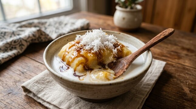 Traditional Indonesian getuk lumer dessert in coconut milk with wooden spoon