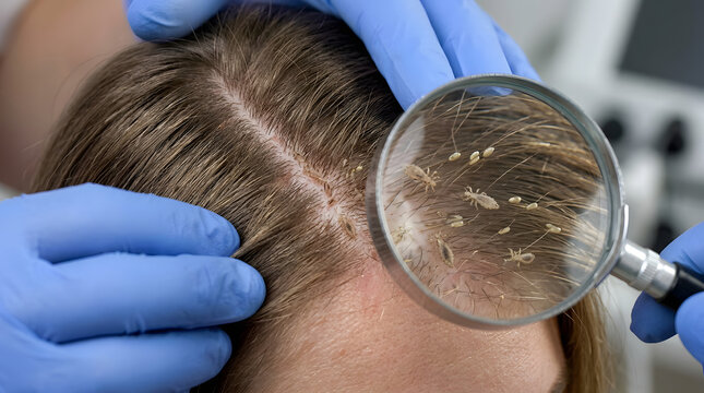 Doctor examining patient scalp with a magnifying glass to check for lice or dandruff.