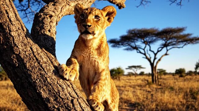 Lioness climbing tree in savannah landscape.