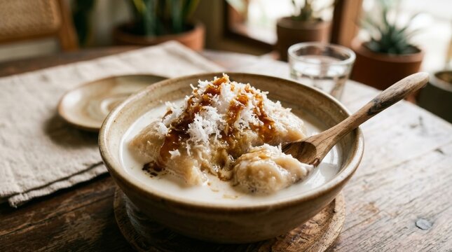 Traditional Indonesian getuk lumer dessert in coconut milk with rustic wooden table setting