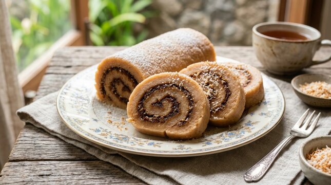 Freshly sliced traditional Indonesian getuk roll cake on rustic wooden table