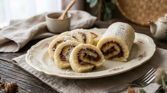 Freshly sliced traditional Indonesian getuk roll cake on rustic plate with linen backdrop