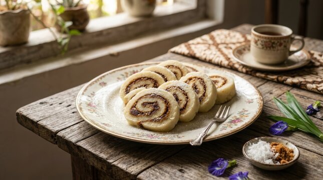 Freshly sliced traditional getuk roll cake on rustic wooden table with morning coffee
