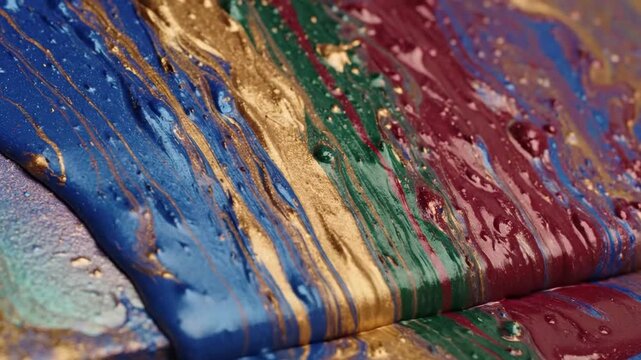 Close up flowing colorful acrylic paint with gold.