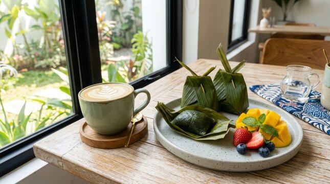 Fresh pandan latte and traditional kue bugis on wooden table by window