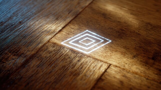 Illuminated diamond inlay on wooden floor, golden glow radiating from recessed geometry, polished parquet sheen, elegant warm ambience, refined detail for luxury interior, flooring, decor and product