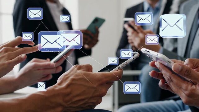 Businesspeople are using smartphones with email notification icons, highlighting communication, connectivity, and the constant flow of information in the modern business world