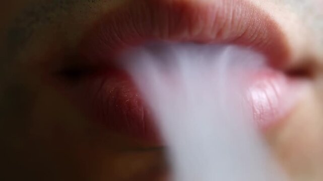 Vaping closeup: exhaling vapor clouds through lips in slow motion