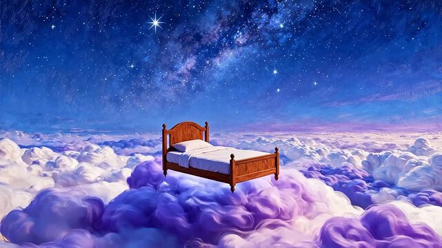 Bed floating in the sky with clouds