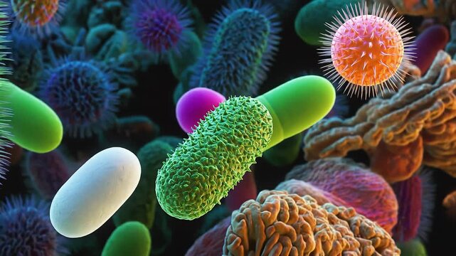 Macro close-up of colorful microscopic organisms and bacteria against a dark background; vibrant textures and abstract shapes create an educational science image with artistic appeal.
