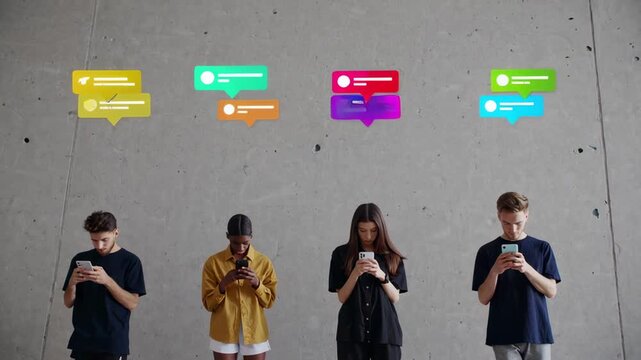 Four young students are standing against a gray wall, using smartphones and receiving social media notifications, highlighting the impact of technology on communication and daily life