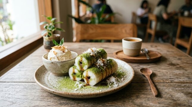 Traditional Indonesian kue putu with matcha topping on rustic wooden table