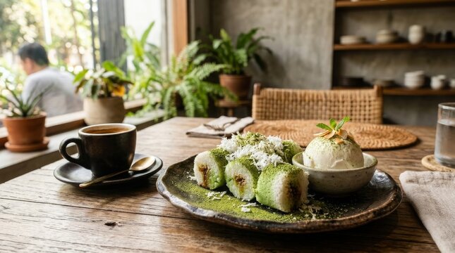 traditional indonesian kue putu with matcha on rustic wooden table in cozy cafe setting