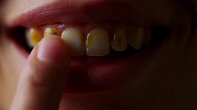 Closeup of dental inspection and oral hygiene gesture on stained teeth