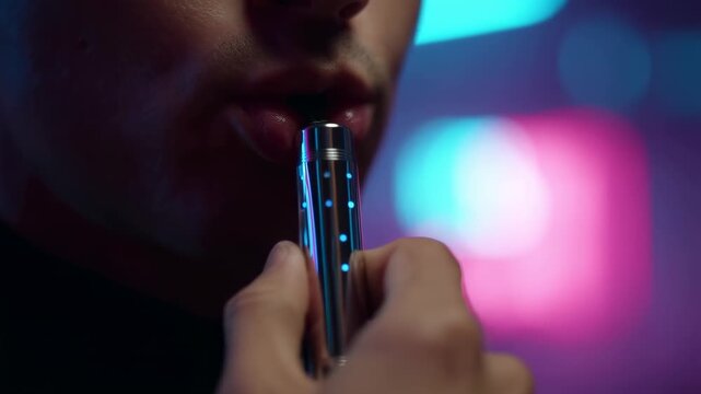 Closeup of vaping action with colorful background lights in motion