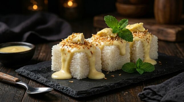 Gourmet Indonesian lupis dessert with creamy durian sauce and mint garnish on slate board