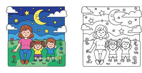 Fototapeta premium Mother and Children Under Starry Night Sky with Moon Cartoon