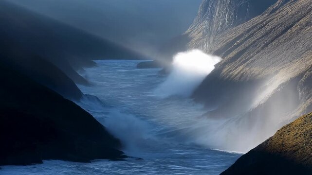 Mighty river surges through canyon as sunlight reveals roaring rapids