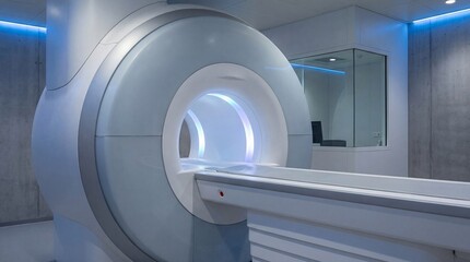 Fototapeta premium MRI machine in modern hospital diagnostic room. Advanced medical imaging scanner for body examination. Healthcare technology for disease detection and treatment planning in clinic.