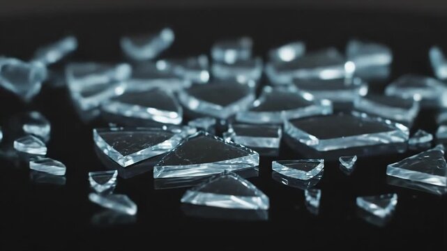 Close-up of scattered glass shards and crystals on a dark surface; cool blue lighting highlights edges and reflections for an abstract still-life composition.