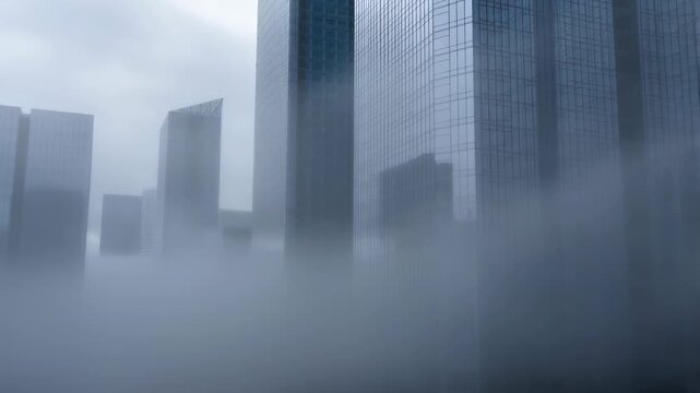 Modern cityscape with soaring skyscrapers in moving fog, dynamic urban atmosphere