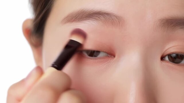 Applying eye makeup with brush: stepbystep eye shadow tutorial in closeup sequence