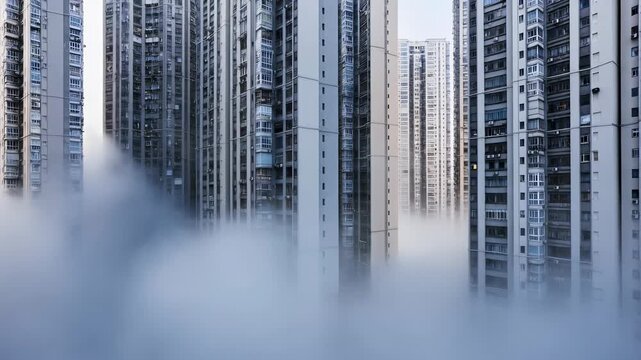 Urban highrise towers emerge through morning fog in cityscape timelapse