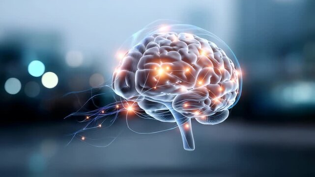 Futuristic digital illustration of a human brain with glowing neural connections and abstract light effects. Modern concept of artificial intelligence and neuroscience in a high tech environment