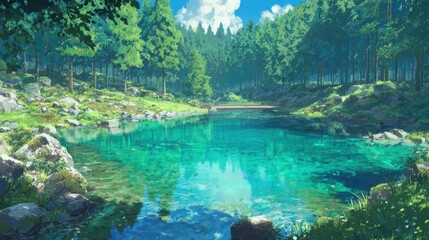 Obraz premium Clear River Flowing Through Lush Green Landscape