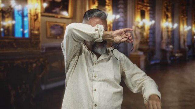 Middle aged man covering face with hand while holding glasses in building museum gallery; privacy avoidance embarrassment.
