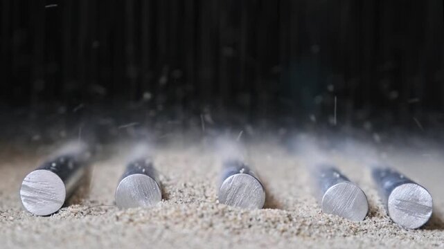 Close up of aluminum rods being gradually covered by loose quartz sand, where their defined shape fades into a more uniform and disordered structure.