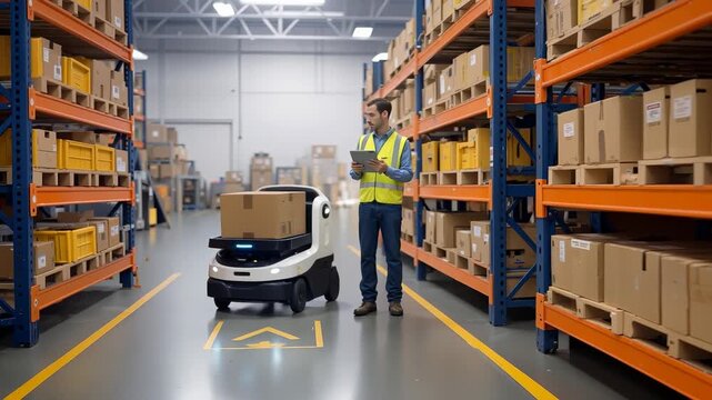Warehouse supervisor monitoring autonomous delivery robot with digital tablet. Logistics automation in modern distribution center. Panning shot.