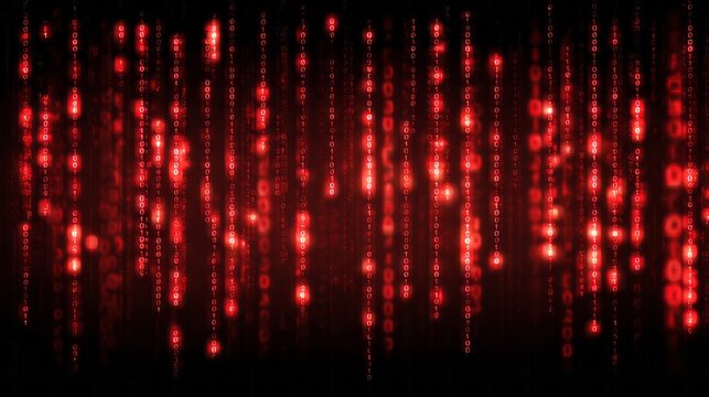 Digital streams of luminous red binary code cascade downwards against a dark background