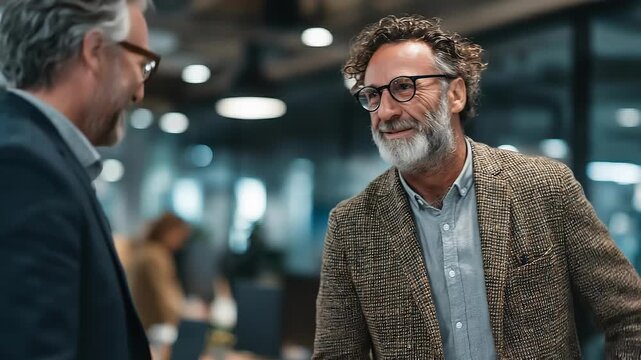 Two mature businessmen in a modern office share a light moment; candid, smiling as they chat, with colleagues blurred in the background