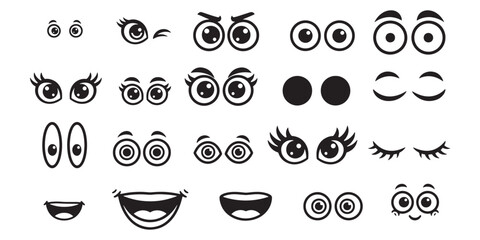 Vector set of cartoon eyes and mouth expressions, collection of cute mascot face elements and comic character features for emoji and sticker design. © NexThread