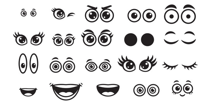 Vector set of cartoon eyes and mouth expressions, collection of cute mascot face elements and comic character features for emoji and sticker design.