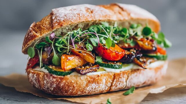 Close-up of a colorful sandwich with grilled zucchini, peppers, tomatoes, greens and melted cheese; layered on rustic bread; sunlit and appetizing