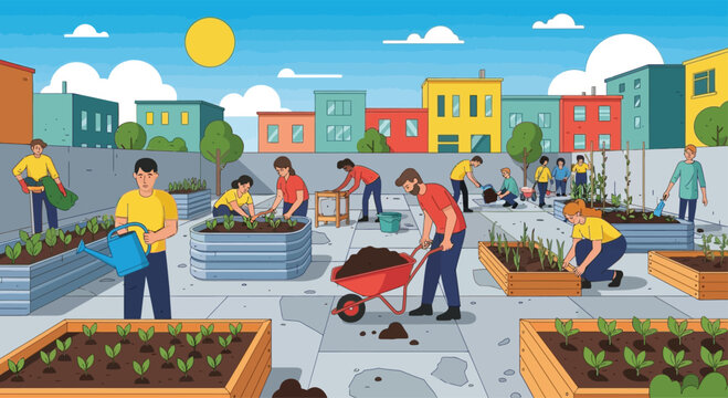 Community Garden Rooftop Urban Farming People Working Together.