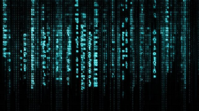 Cascading streams of glowing digital numbers descend against a deep dark background.